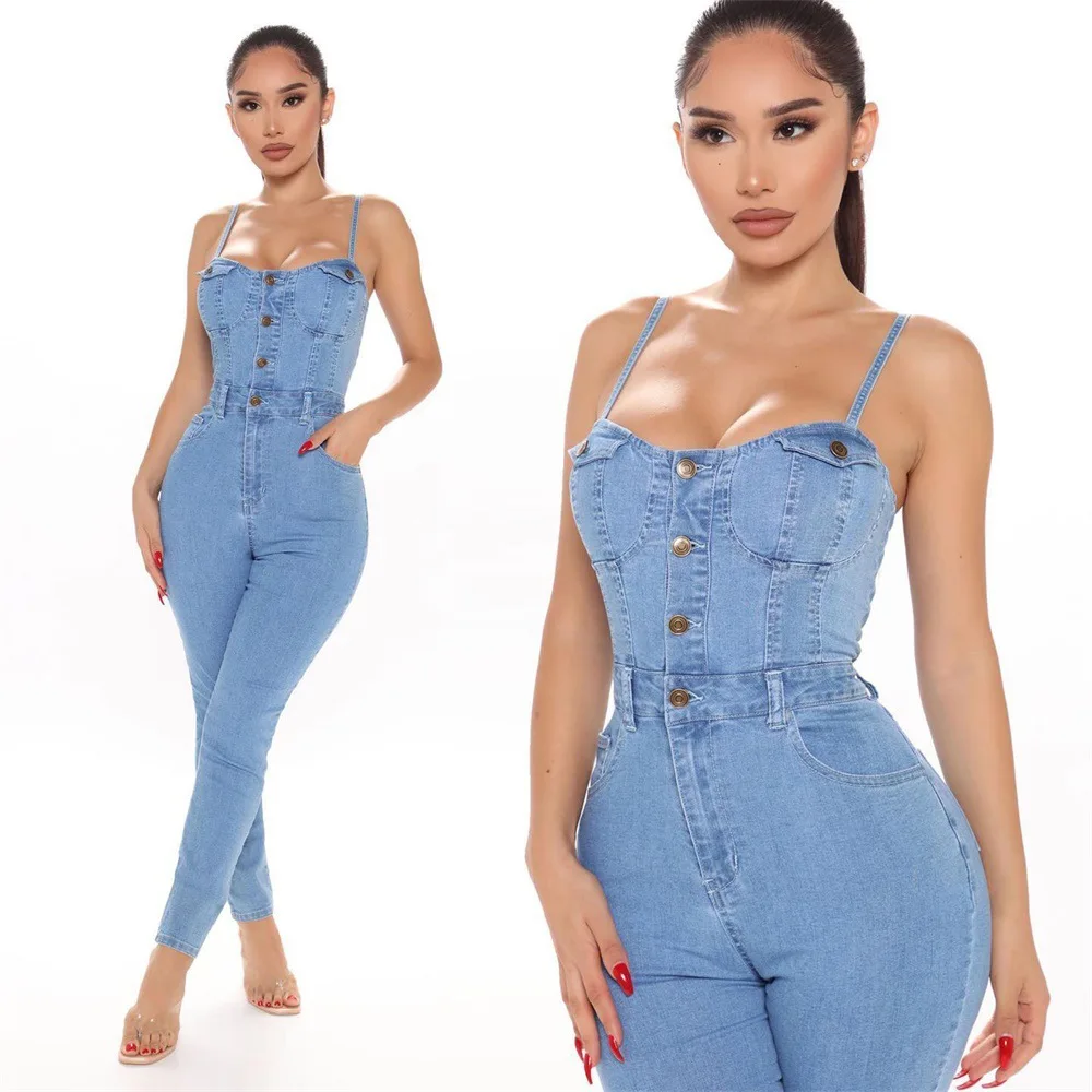 

High Elastic Denim Jumpsuits Women Suspender Pants Pocket Sexy Solid Skinny Bodysuit Street Free Shipping Wholesale Dropshpping