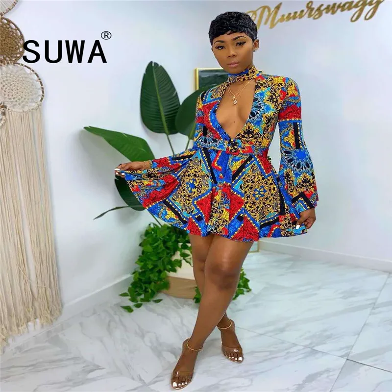 

2020 New Arrival High Street Fashion Sexy Dresses Sexy Party Nightclub Wear Deep Flare Sleeve Women Mini A-line Dress