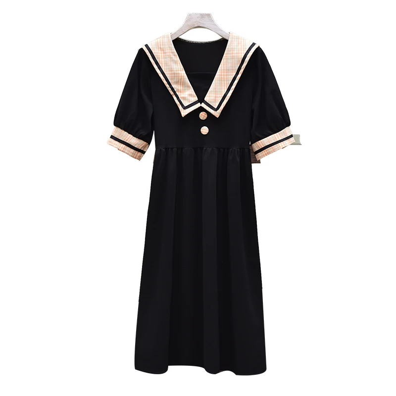 

Summer Casual Plus Size Retro College Style Sweet Navy Dress Women High Waist Short Sleeve Dress A-line Skirt Ladies M187