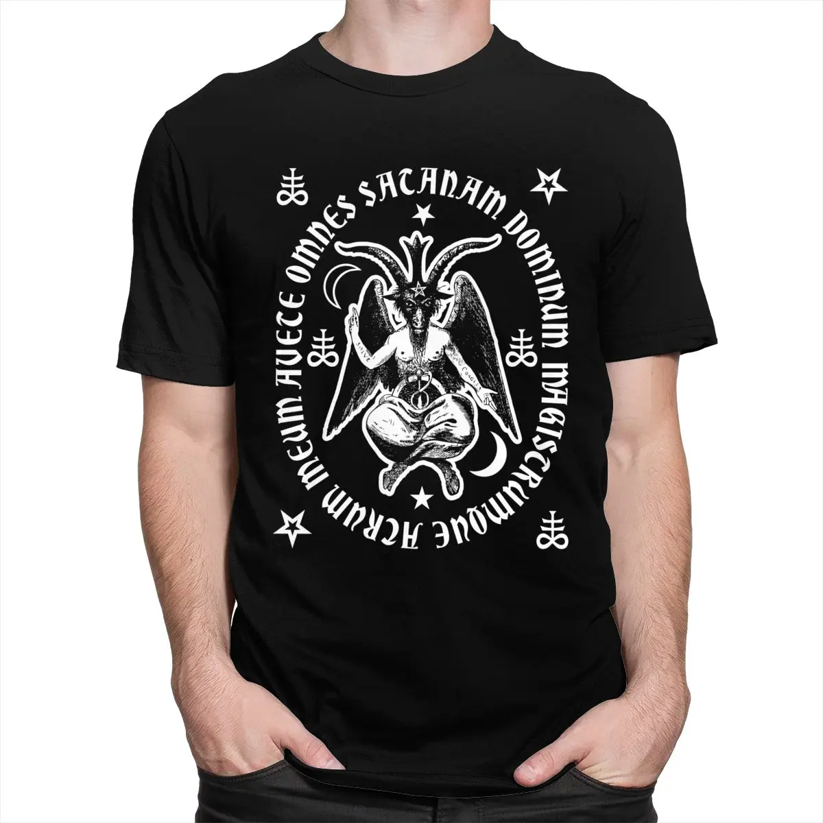 Классическая футболка с надписью Hail Satan оккультная бапхометом Мужская короткими