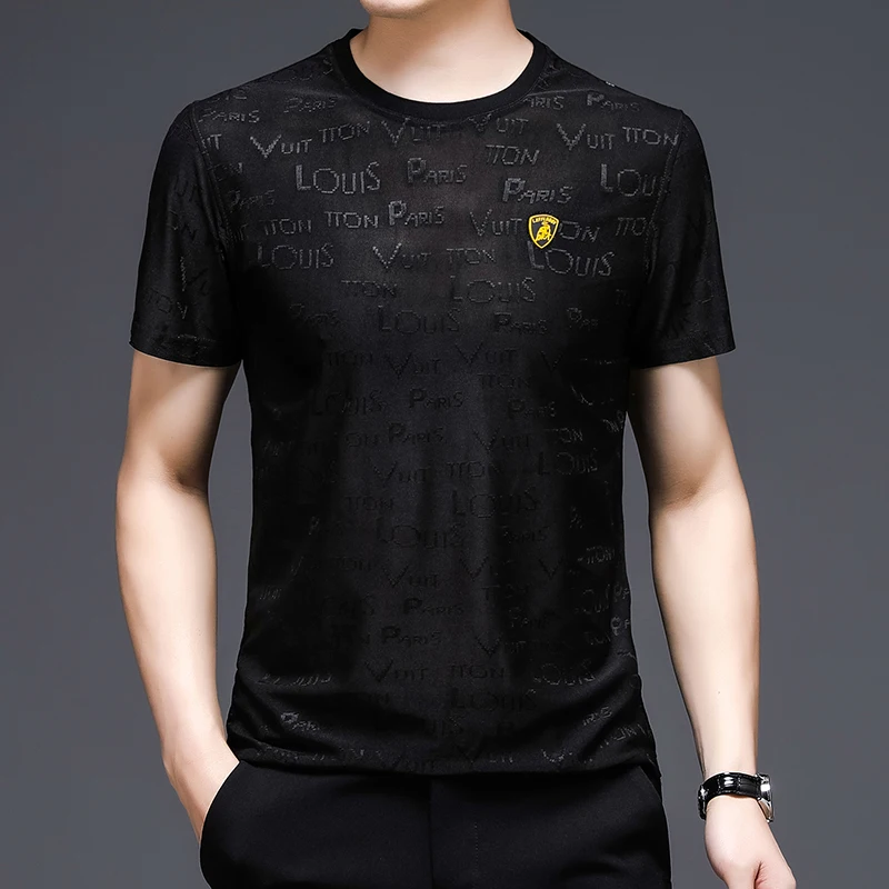 

Summer Letter Print Short Sleeve T Shirt Men Ice Silk Breathable O-neck Tops Tees Streetwear Casual Business Bottoming T Shirts
