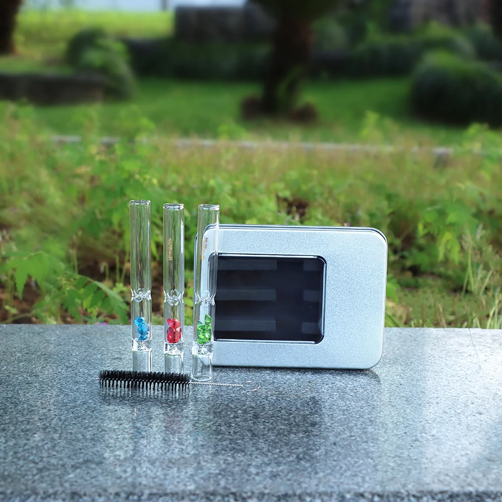 

HONEYPUFF Smoking Kits 3pcs Glass One Hitter Tobacco Smoking Pipe Metal Storage Box Case Small Brush Pipe Cleaner Tool