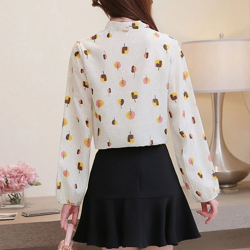 

Spring 2021 Women Long Sleeve Bow Printed Dot Loose Blouses New Retro Floral Shirt Lantern Sleeve Blusas Mujer De Moda 7953 50