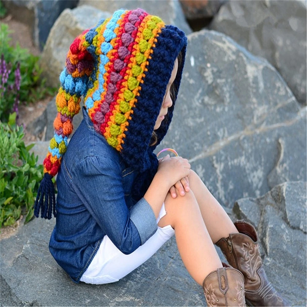

Kids Winter Wool Hats Handmade Crochet Beanie Hat Children Warm Knitted Rainbow False Collar Hat Hooded Cap Boy Girl Xmas Cap