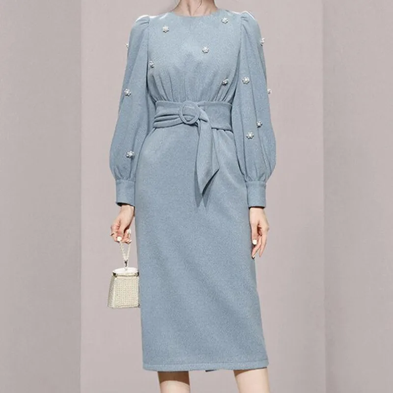 

ZAWFL 2021 Autumn New Women's O-Neck Chic Leisure Retro Corduroy Nail Bead Belt Fashion Elegant Avant-Garde Party Waist Dress