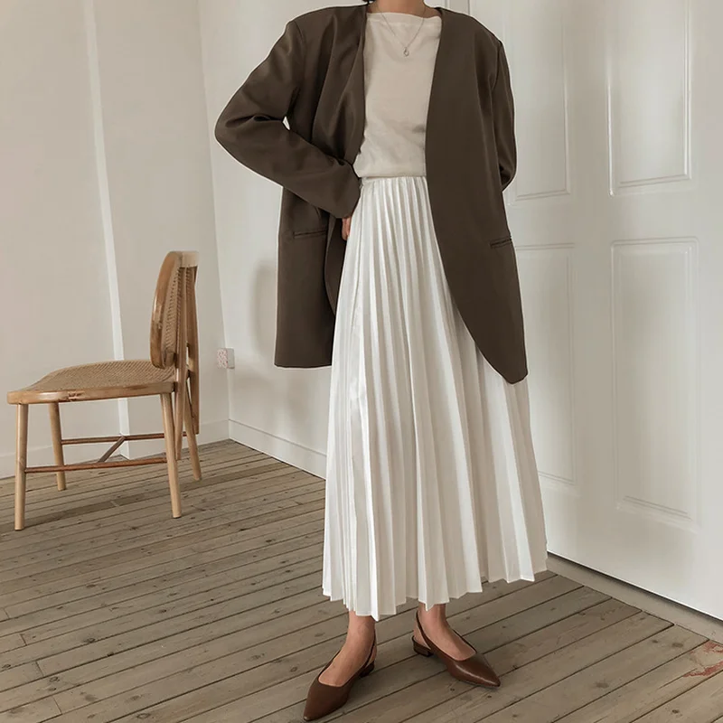 

U-SWEAR 2020 New Arrival Fashion Women Pleasted Skirt Mid-Calf Casual Loose Comfortable Vestidos Female Simple Chic Solid Skirt