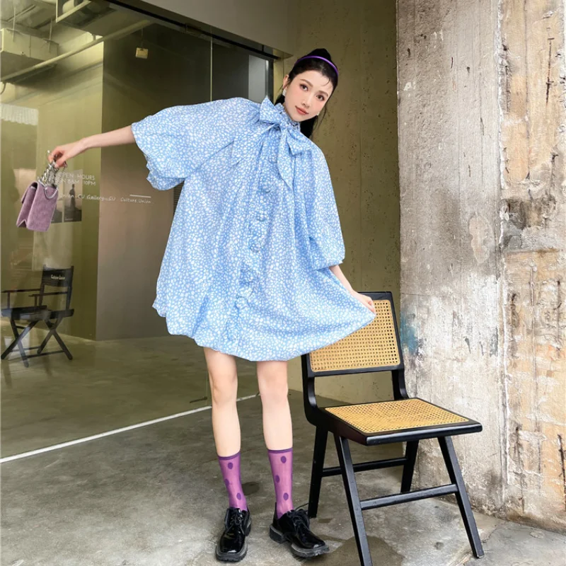 

Kimotimo Sweet Print Puff Sleeve Dress Women 2021 Summer New Loose Temperament Bow Ball Gown Ladies Dress Ins Designer Vestidos