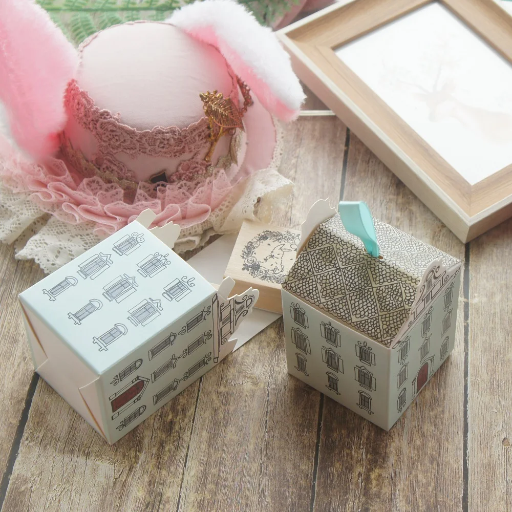 

10pcs Blue House Paper Box with Ribbon As Soap Candle Cookie Candy Little Gift Packaging Christmas Wedding Favors Gifts Decor