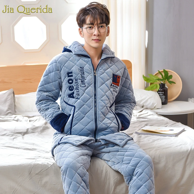 New Couple Winter Velvet Pajamas 3 Layer Padded Warm Home Clothing Hooded Cardigan Zipper Jacket Chic Embroidery Couple Pajamas