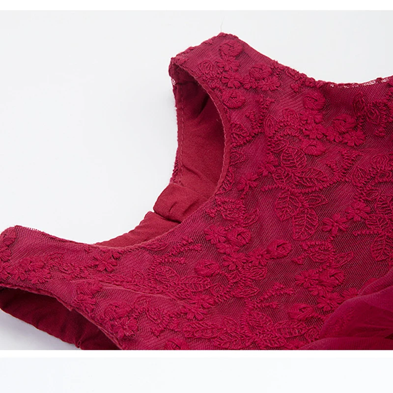 

Flower Girls Dresses Illusion Sleeveless Embroidery Tulle Lace O-Neck Knee-Length Luxury Burgundy Kids Party Princess Gown F535