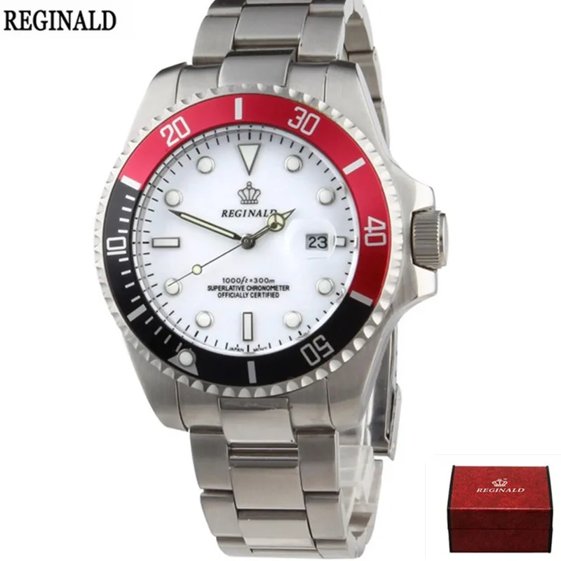 red black white box Мужские часы Топ бренд Реджинальд часы мужские спортивные часы вращающийся ободок GMT сапфировое стекло Дата часы из нержавеющей стали подарки - Цвет: red black white box