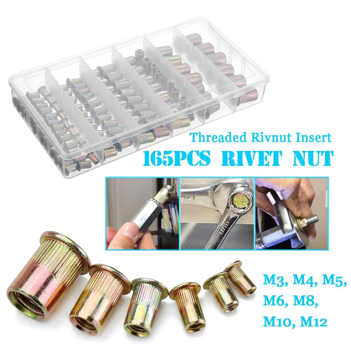 

Лидер продаж, набор из 165 штук смешанных оцинкованных гаек из углеродистой стали с заклепками, набор инструментов M3/4/5/6/8/10/12 в коробке