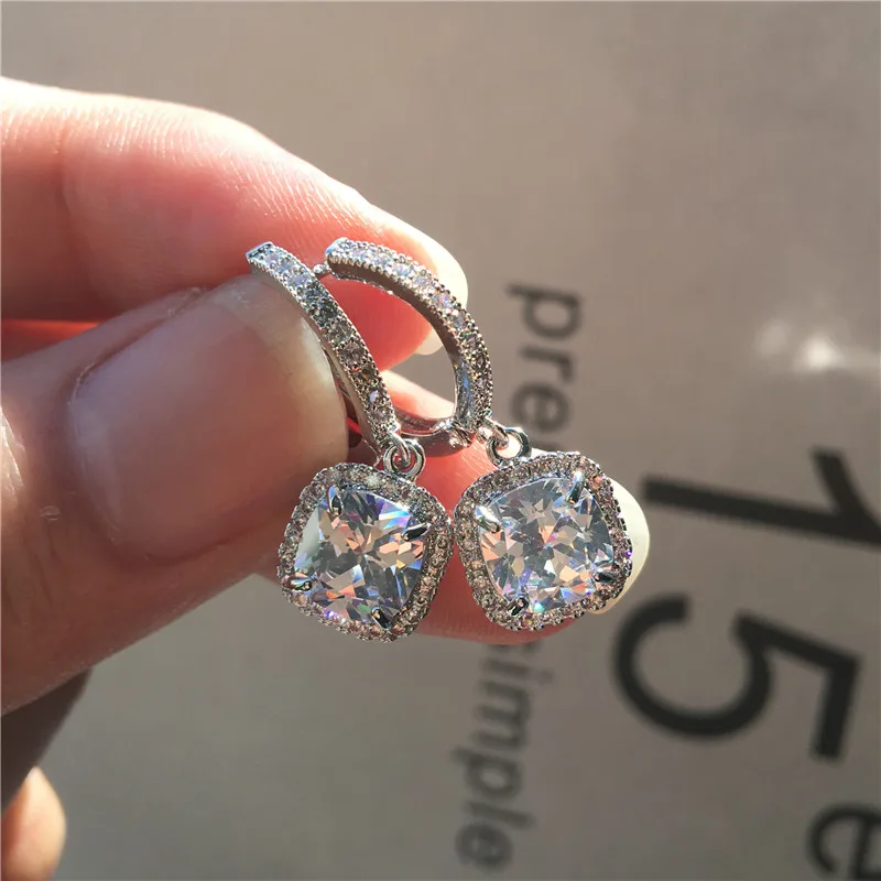 Fashion Female Pink Blue Zircon Stone Earrings Elegant Square Hoop Earrings For Women 925 Sterling Silver Wedding Earrings