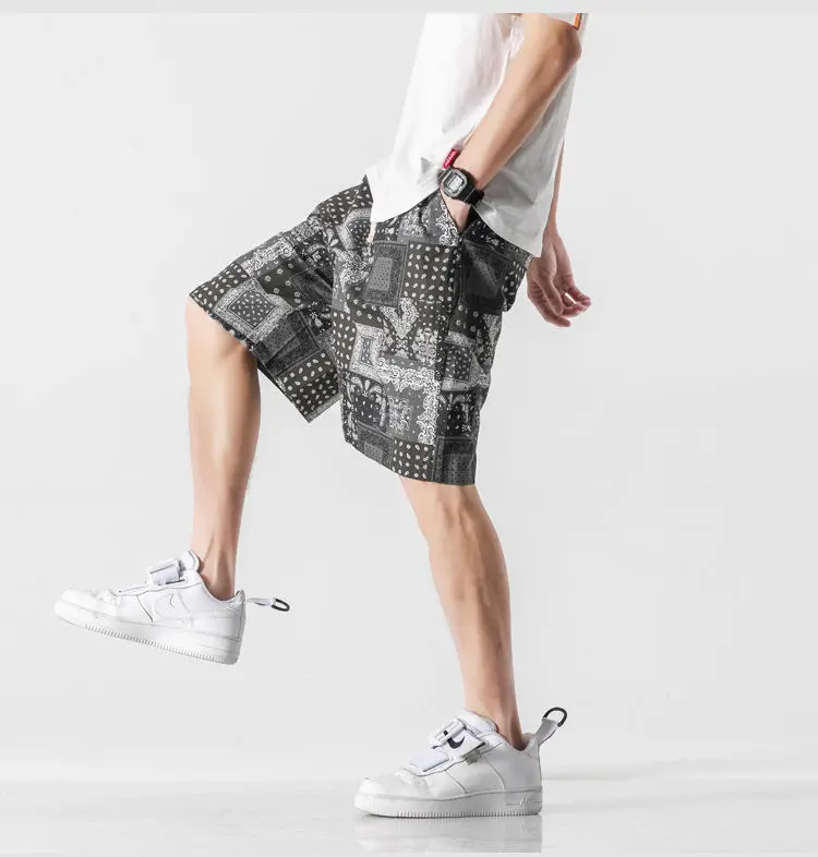 

Summer retro cashew flower pants men loose popular logo casual sports straight shorts thin drawstring five-point pants trend