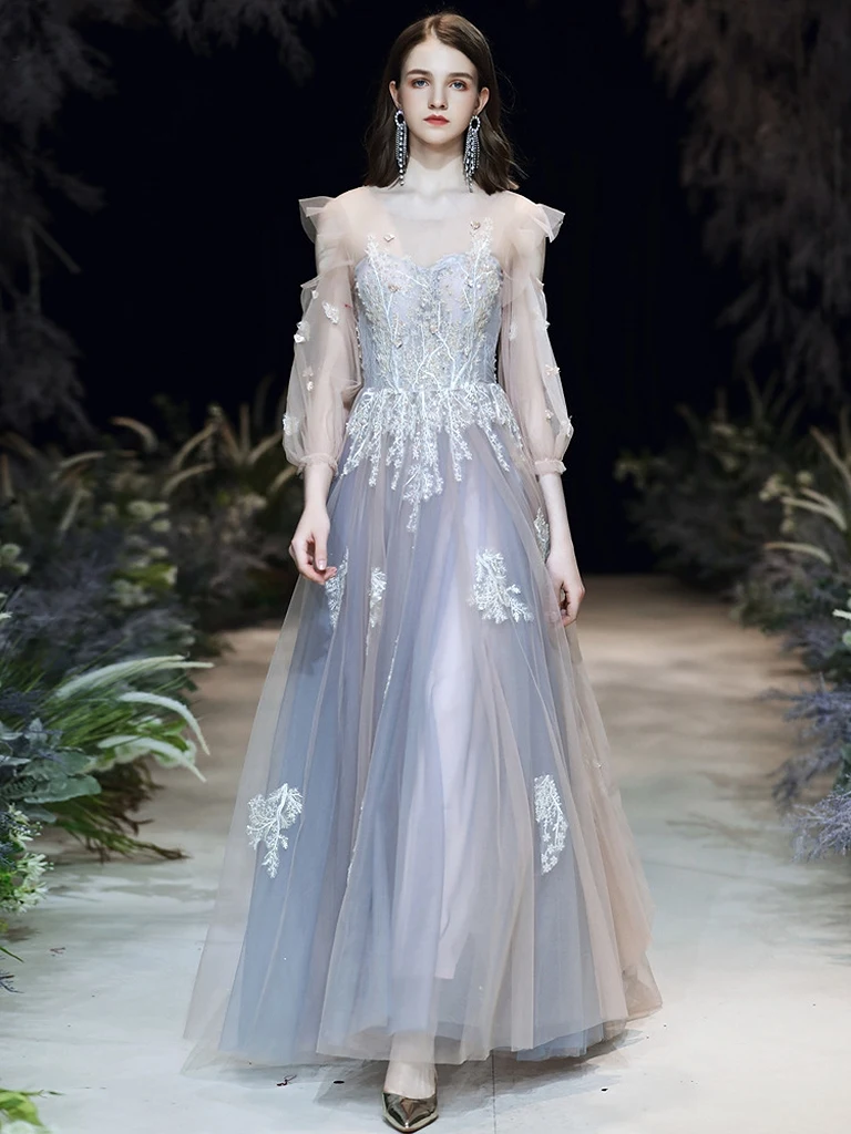 

Blue Gray Cocktail Dresses Long Sleeves Lace Appliques Illusion Floral A-Line Formal Party Student Homecoming Evening Prom Gowns