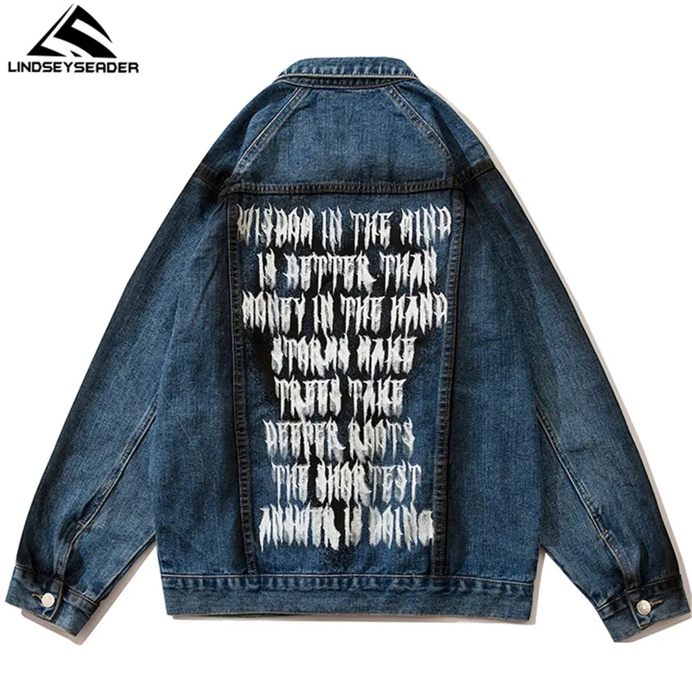 

2021 Men's Denim Jacket Funny Letters Heart Printing Washed Grey Cotton Fabric Harajuku Hip Hop Broken Holes Streetwear Coat