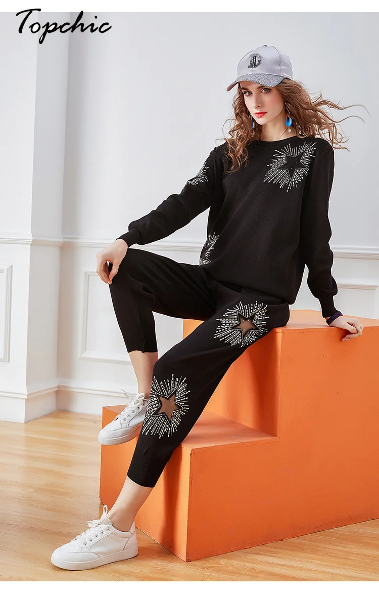 Женский трикотажный спортивный костюм комплект из 2 предметов свитер с круглым вырезом и брюки пуловер