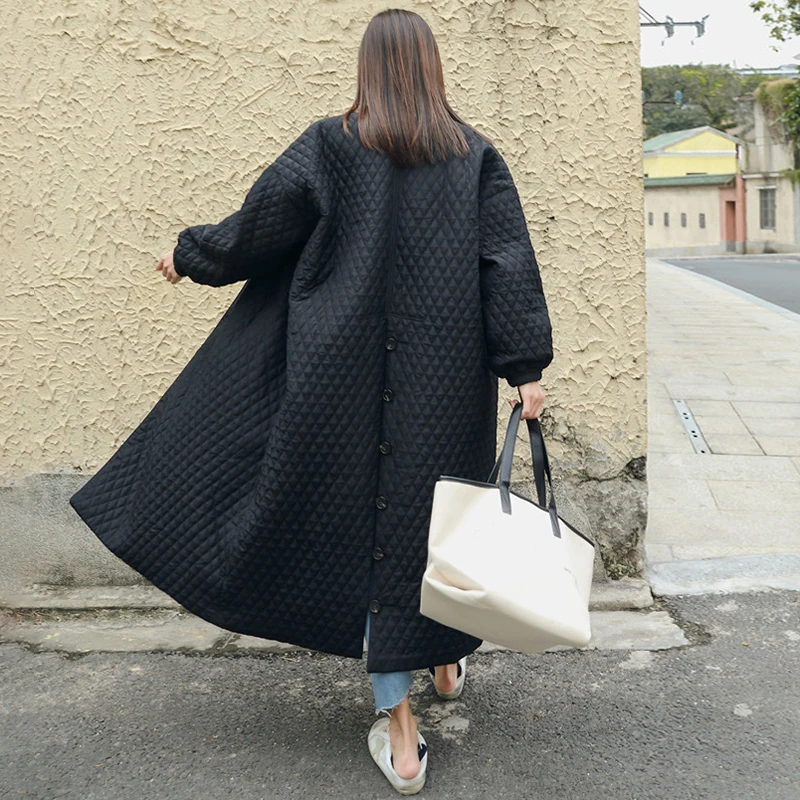 

Fashion New Fashion Black Oversize Lapel Back Vent Button Winter Jacket Tide Female's Long Cotton Coat Jaqueta Feminina WTH1211