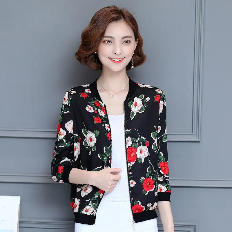 

2021 Women Spring Autumn Casual Floral Print Jacket Slim Lady O-Neck Zipper Long Sleeve Jackets Female Vintage Loose Jacket I435