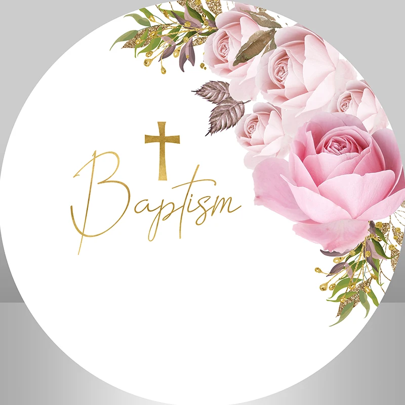 

White Pink Flowers Gold Cross Girls Baptism Round Backdrop Cover First Holy Communion Party Circle Background Customized