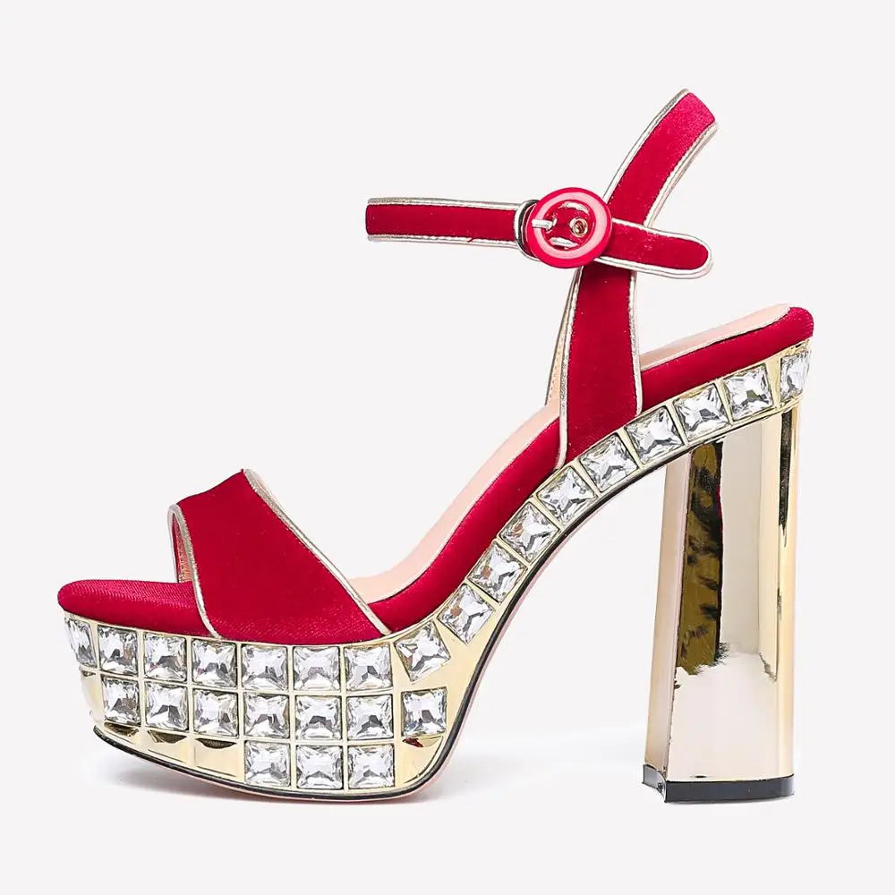

Arden Furtado Summer Fashion Women's Shoes Sexy Elegant red Suede buckle strap platform Sandals crystal rhinestone party shoes