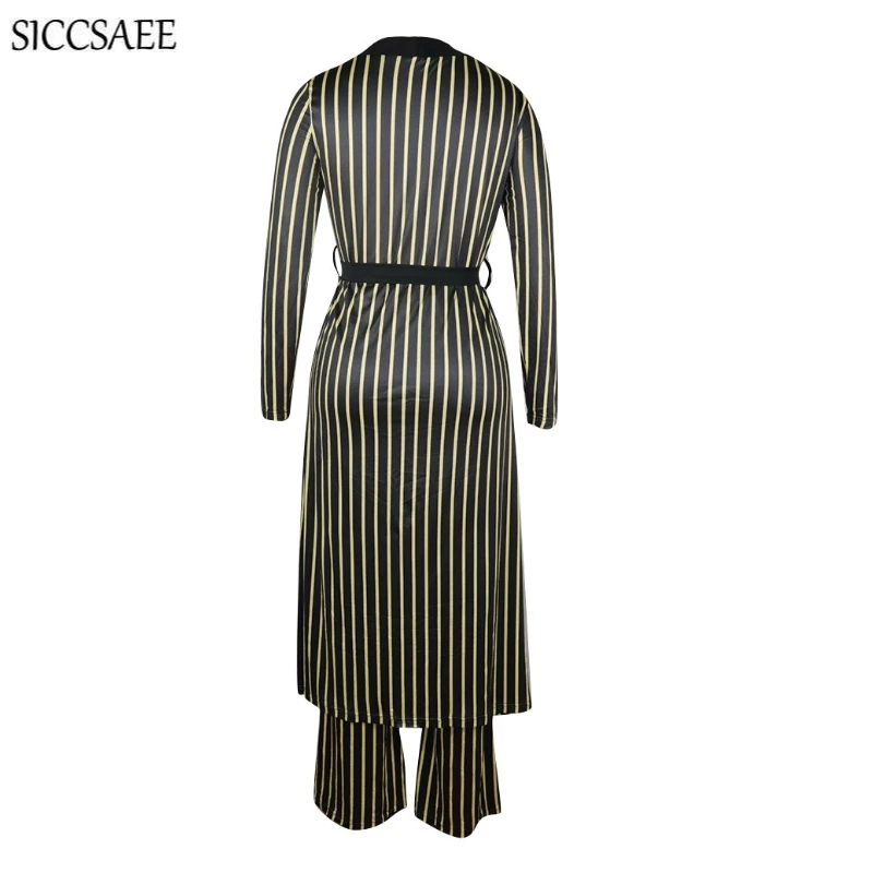 

Vertical Striped Print Two Piece Set Maxi Cardigan Wide Leg Long Pants Set Clothing Women Sexy Casual Long Cloak Outfits Sashes
