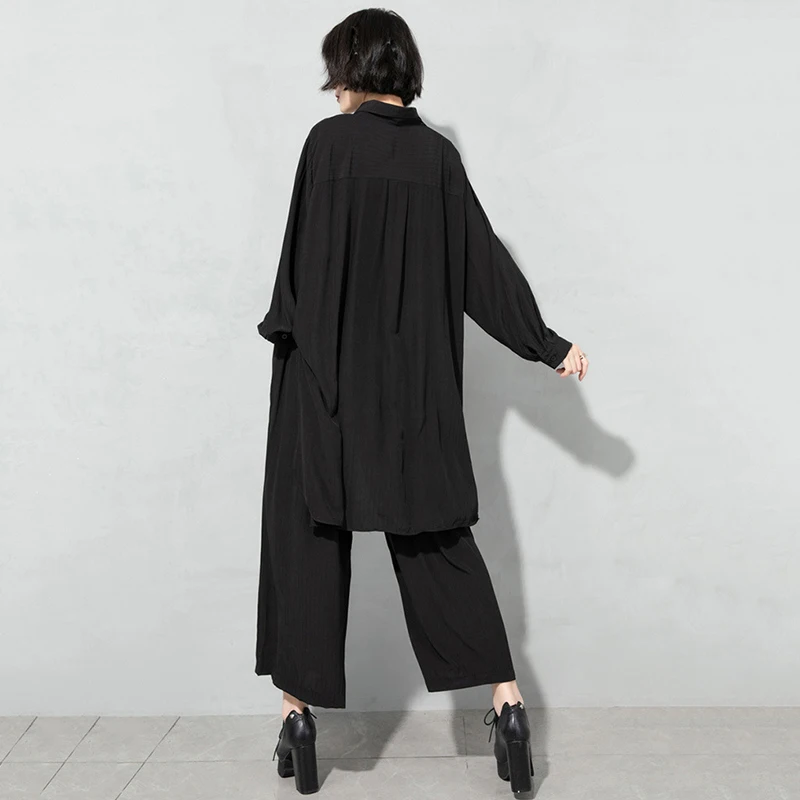 

[EAM] Green Irregular Big Size Pants Two Piece Suit New Long Sleeve Black Loose Fit Women Fashion Spring Autumn 2021 1DD6718