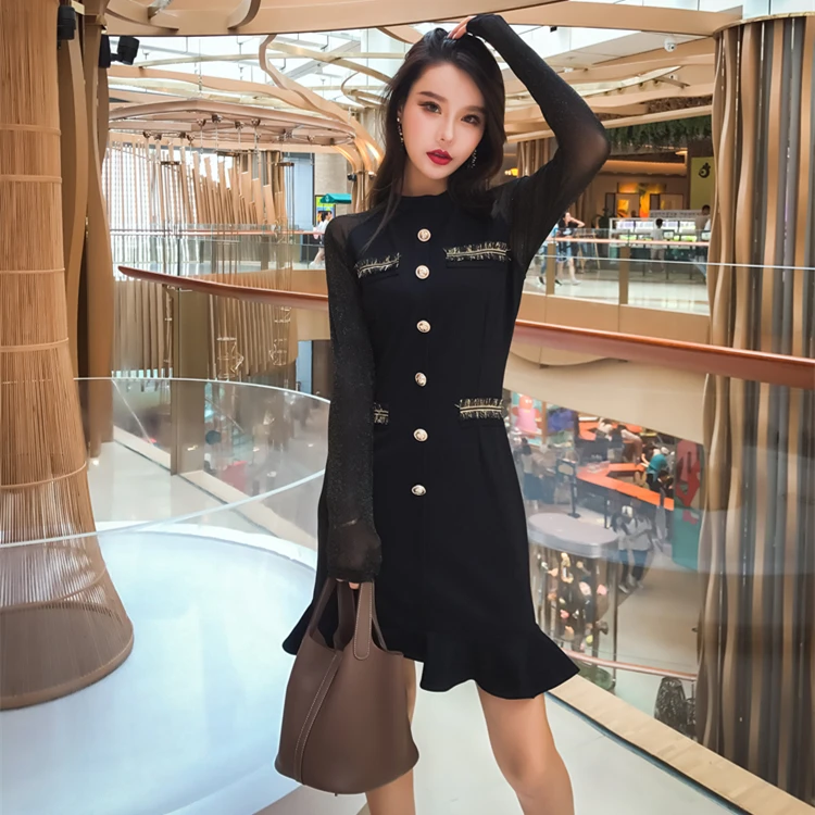 Новинка 2019 Осеннее женское мини-платье с оборками однобортное из кусков