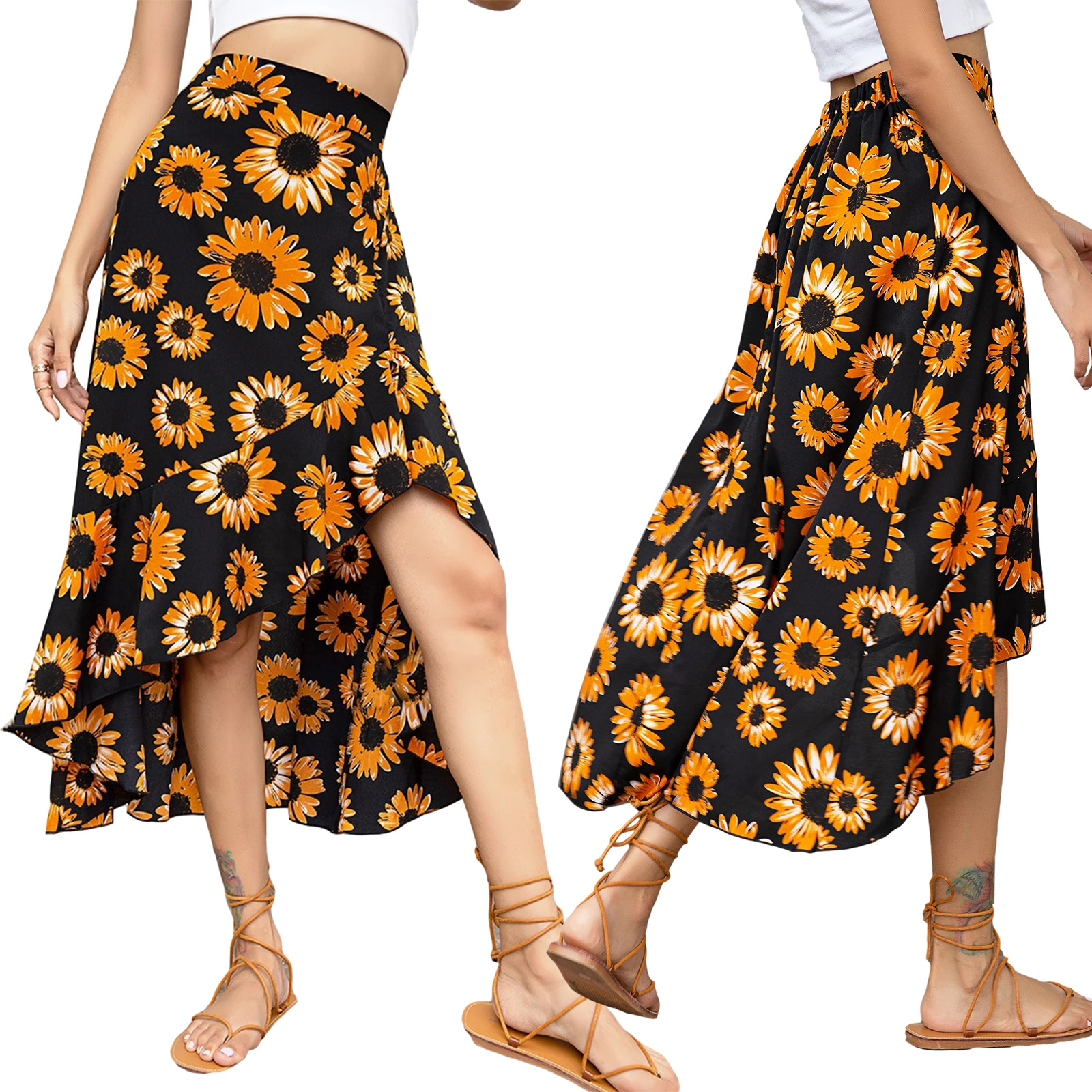 

Women Fashion High Waist Floral Print Skirt Stylish Irregular Hem Skirt for Ladies Female