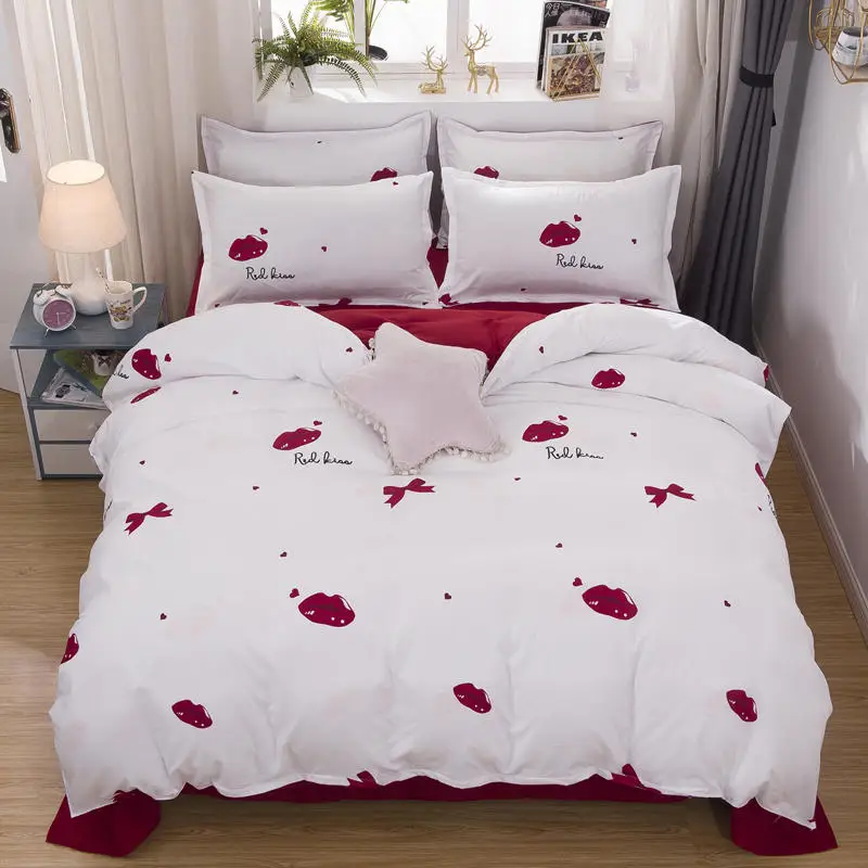 

Family Double Home Textile Cyan Cute Lips Kiss Lovely Duvet Cover Pillow Case Bed Sheet Teen Girl Bedding Linens Set King Queen