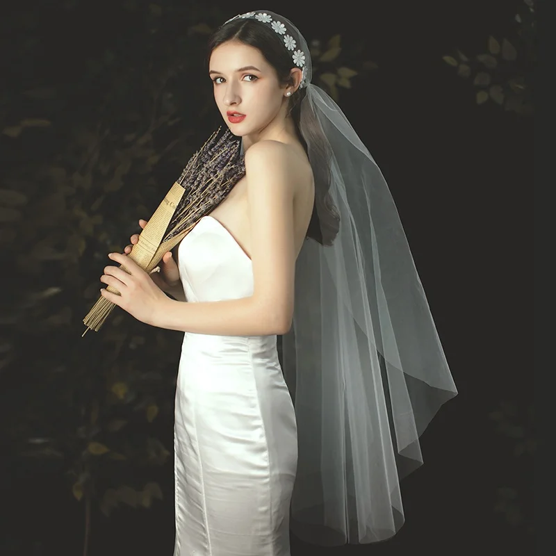 

1pcs Delicate Hat Style Stitching Flowers Lace Veil Beige One Layer Wedding Bridal Long Veil Bride Dress Accessories KYY9054
