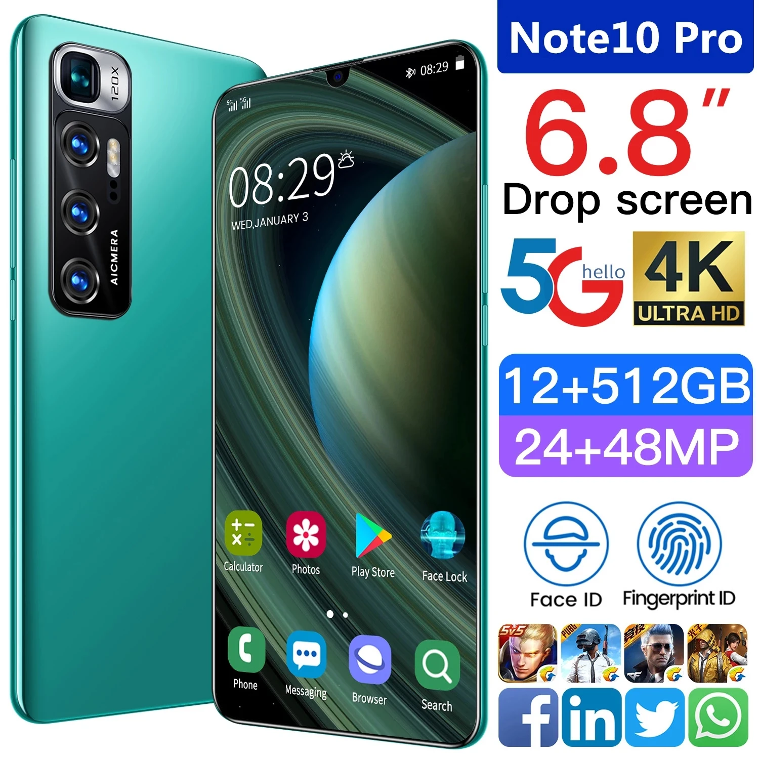 

Note10 Pro Smartphone 6.8inch 5G 16GB+512GB 5000mAh Unlocked Mobile Phones Android Telefones Celulares Global Version Cell Phone