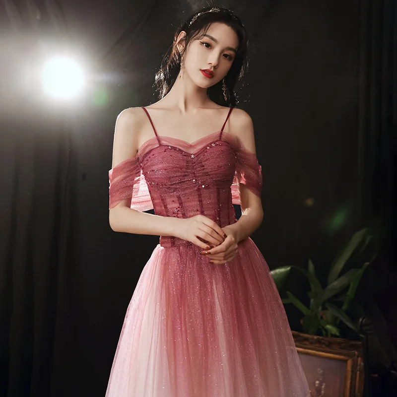 

Wine Red Off the Shoulder Evening Dress Fairy Dream Gradual Ball Gown Wedding Engagement Banquet Annual Meeting Prom Dress A207