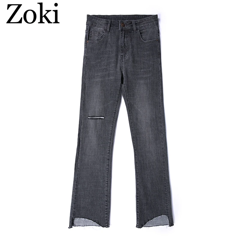 

Zoki Elastic Women Jeans Summer High Waist Hole Tassel Denim Ankle-Length Pants Fashion Korean Soft Skinny Wide-leg Jeans Cotton