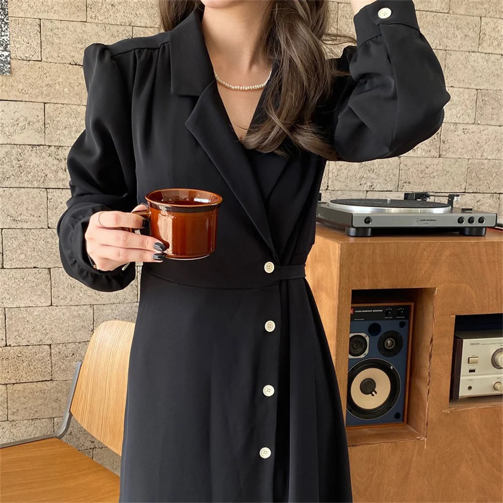 

동대문 Retro Close Waist Pure Color Women Mid-Length Dress Notched Loose Office Lady High Street Vintage Fashion Elegant Vestido