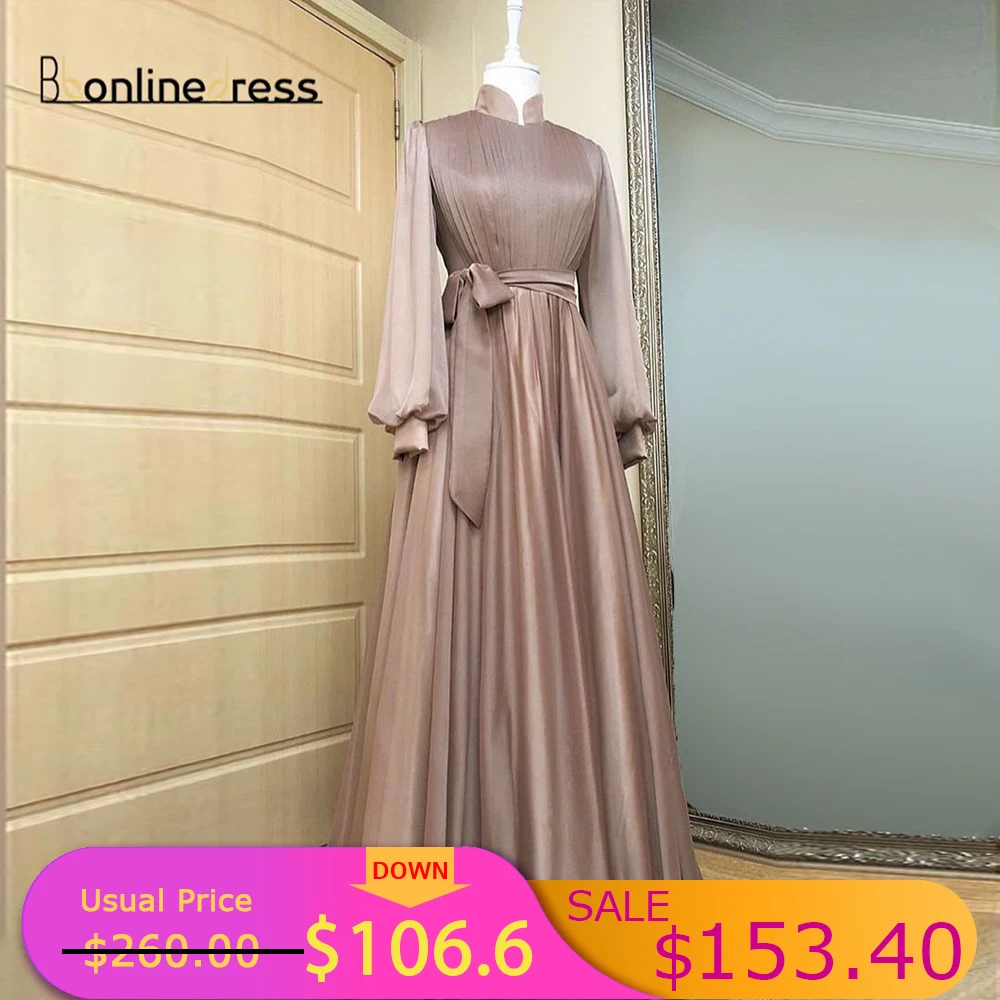 

Brown Moroccan Evening Dresses High Collar Formal Gown Arab Dubai Muslim Long Pleated Kaftan Prom Dress Bow Tie Party Dresses