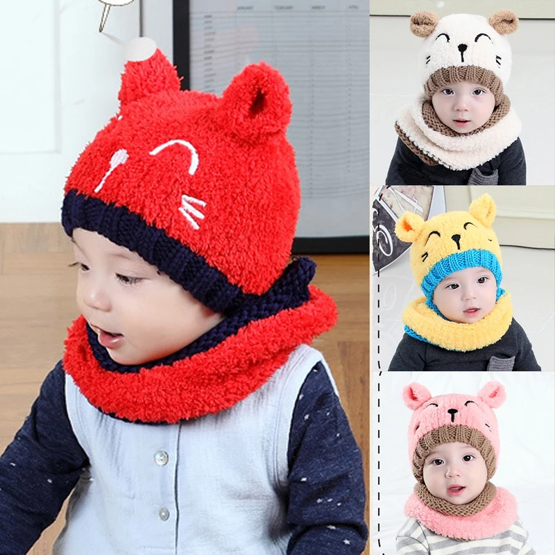 Loozykit 2 pcs Warm Hat Suit Baby Boy Girls Thermal Knitted Cartoon Bear Hat Scarf Toddler Winter Fleece Cap Set