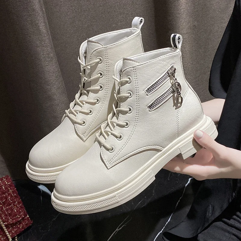Boots Female Women Shoes Ankle Autumn British Wind Genuine Leather Thick with Short Boots Motorcycle Martin Shoes