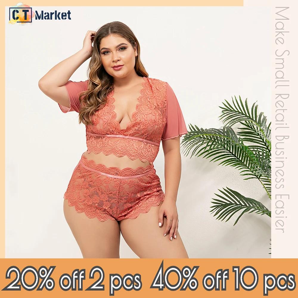 

Размера плюс кружевной топ и трусики, женское нижнее белье, беспроводная одежда для сна, удобное нижнее белье CT8659