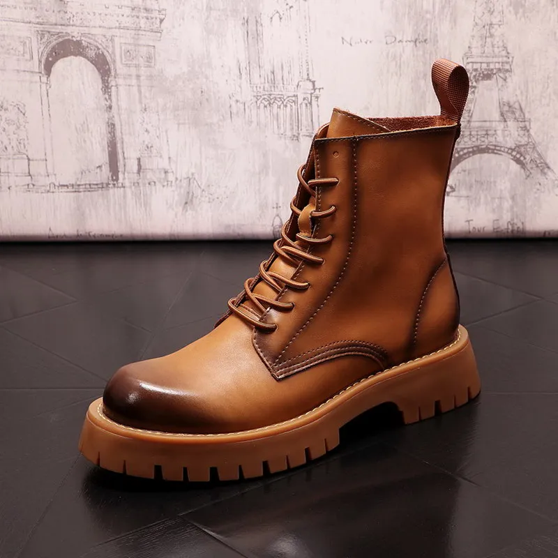

British Designer Mens Ankle Boots Fashion Round Toe Lace Up Work Safety Botas For Male Business Leisure Leather Shoes ERRFC