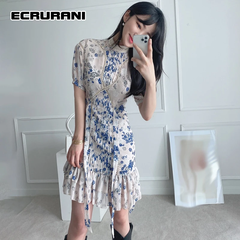 

ECRURANI Print Dress For Women Stand Collar Puff Short Sleeve High Waist Mini Hit Color Ruched Dresses Female Clothing 2021 Tide