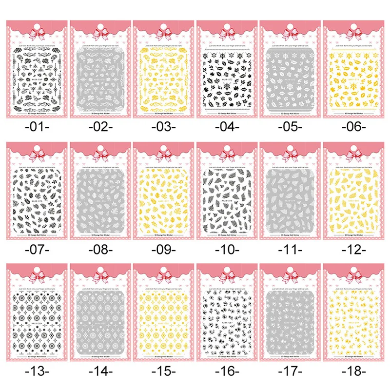 3D-Наклейки для ногтей Осенние самоклеящиеся черно-белые наклейки с листьями