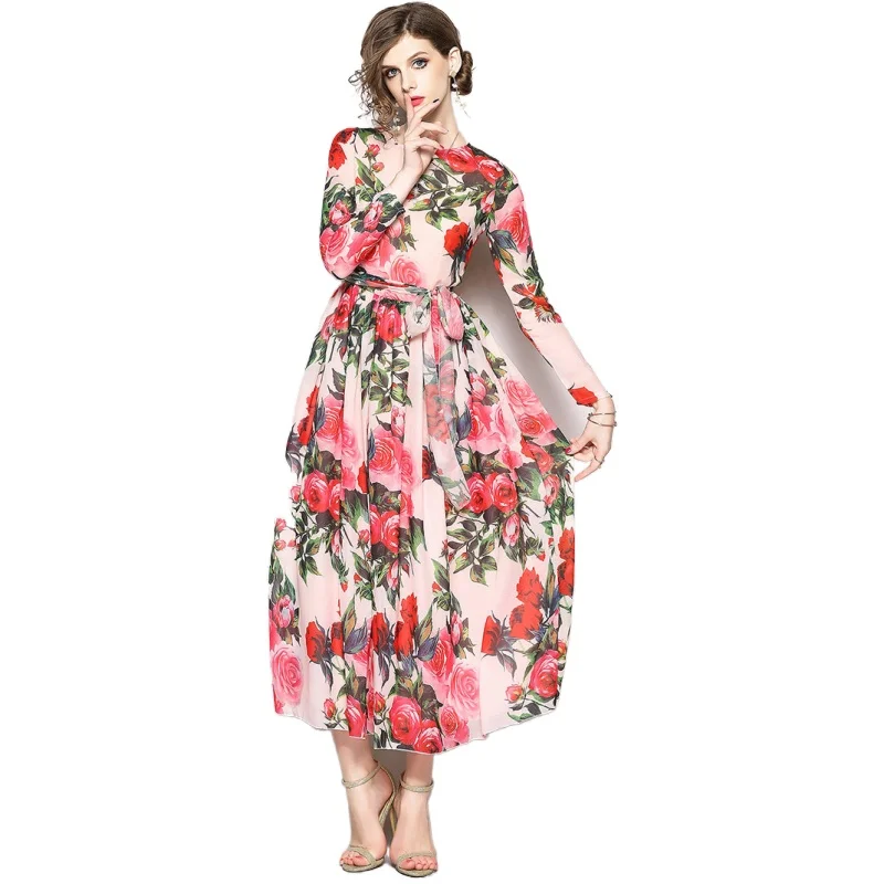

Simgent New Women Long Sleeve Elegant Casual Slim Chiffon Printing Flared Dress Womens Clothing Vestidos Robe Femme Jurk SG85282
