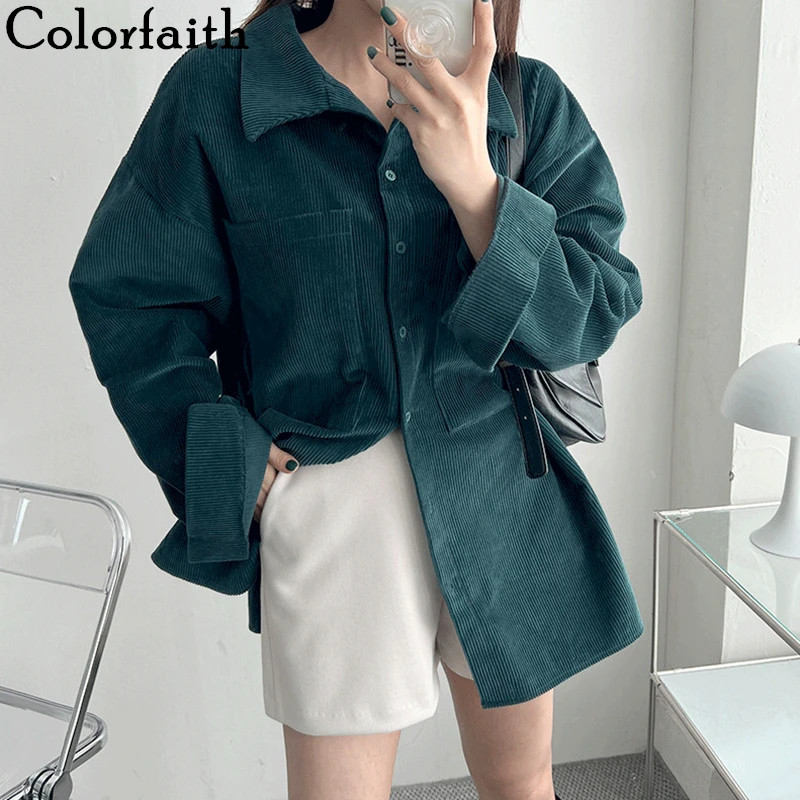 

Colorfaith New 2021 Women Spring Autumn Blouses Shirts Vintage Oversized Corduroy Korean Style Pocket Elegant Lady Tops BL2330
