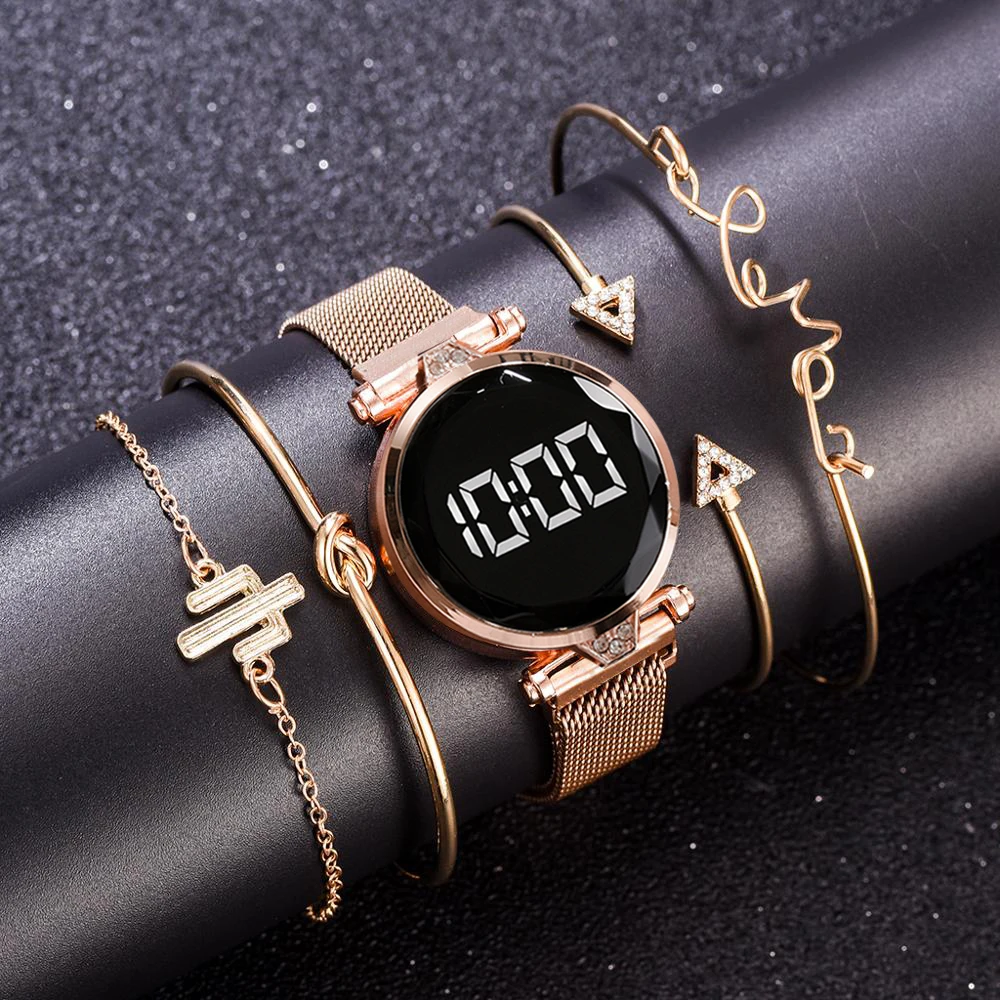 

5PCS /Set Luxury Women Bracelet Watch Ladies Gold Digital LED Quartz Wriswatch Women's Sport Clock Female Relogio Feminino 2021