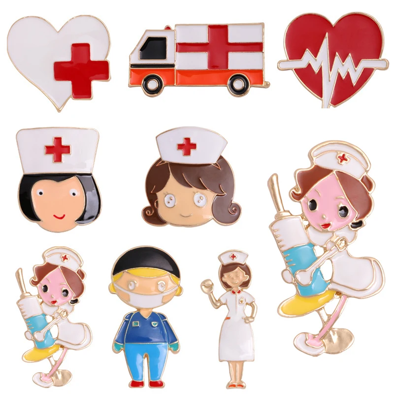 

Cartoon Nurse Doctor Medical Brooches Creative Colorful Stethoscope Heartbeat Shape Drop Oil Enamel Pins Jewelry Gifts Wholesale