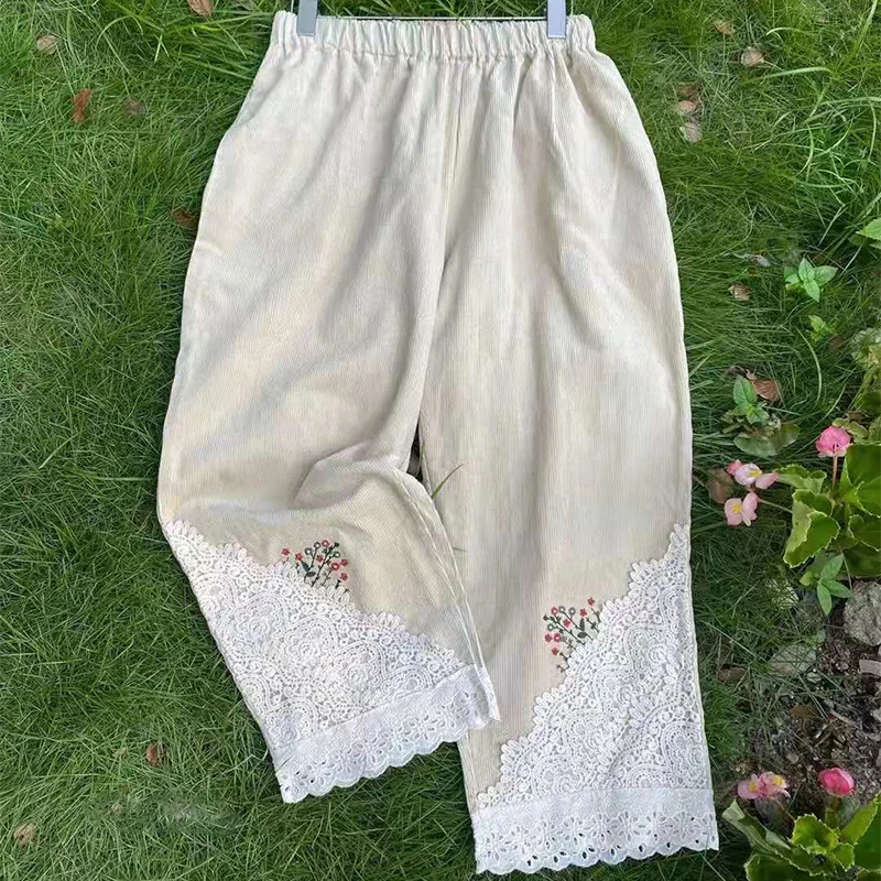 

Autumn Winter Corduroy Floral Embroidery Pants Women Clothing Japanese Mori Girl Sweet Solid Color Soft Warm Female Prints K024