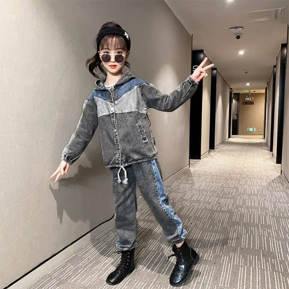 

Kids Solid Color Denim Jackets for jeans Coats Baby Girls Spring Autumn Fashion Child Denim Jackets Long Jeans 2Pcs/sets