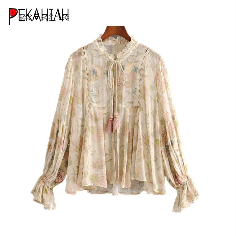 Осенние женские топы и блузки Винтаж цветочный принт шифоновая блузка женская 2019