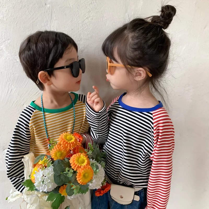 

2021 Autumn New Boys and Girls' Simple Stripe Patchwork T-shirt Children's Casual Long Sleeve Round Neck Top Children's T-shirt